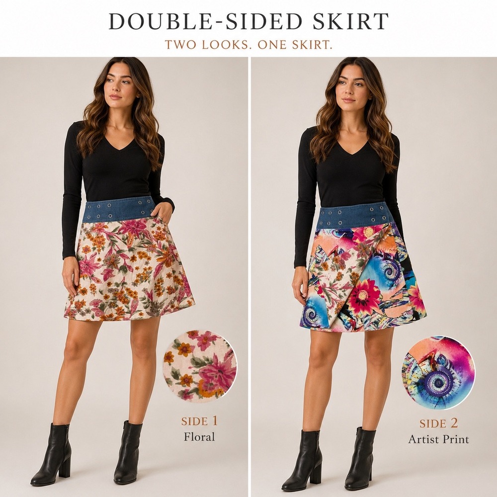 Sandra Maria Reversible Wrap Skirt Floral Artist Print Denim Waist Mini SZ L/XL - Picture 1 of 7